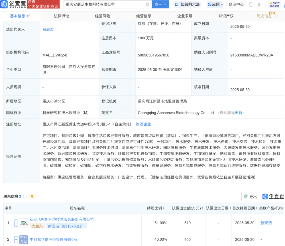 新安潔資成立重慶新生物科技公司，布局畜牧漁業(yè)飼料銷售領域